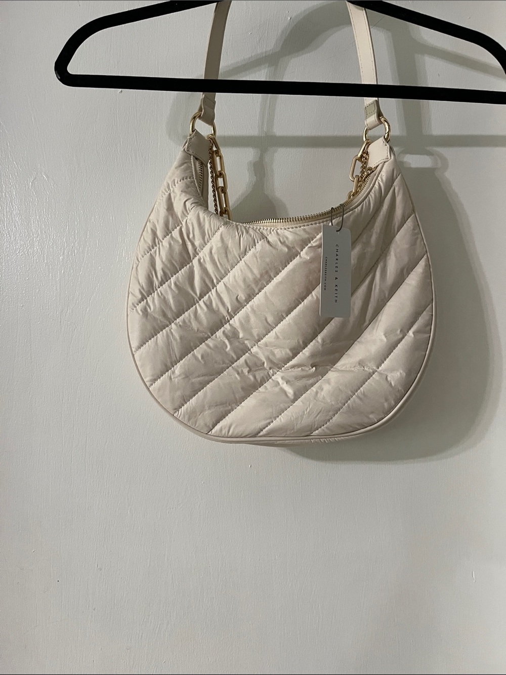 Charles & Keith Cream Quilted Crescent Bag with Gold Chains - Picture 3 of 9
